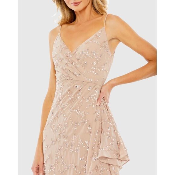 Mac Duggal NWT Sequined Faux Wrap Ruffle Asymmetrical Hem Dress in Mocha Size 14 - Picture 2 of 8